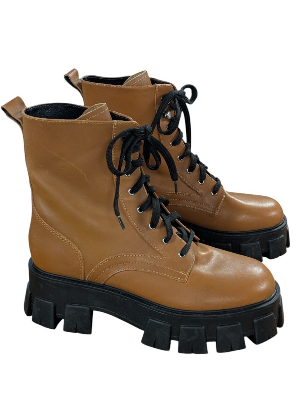 Marc Fisher Happy Lug Sole Combat Boots Cognac Leather Size 9 - Picture 2 of 11